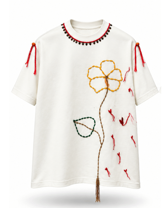 HAPPY TEE WITH FLOWER EMBROIDERY